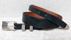 JAMES REID, LTD. - 925 STERLING SILVER 14K GOLD - Black LIZARD Belt - Size 34 - Picture 1 of 12