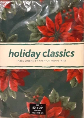 Mantel Holiday Classics verde con flores de pascua rojas 52 pulgadas x 70 pulgadas nuevo en caja Foto 1 de 2