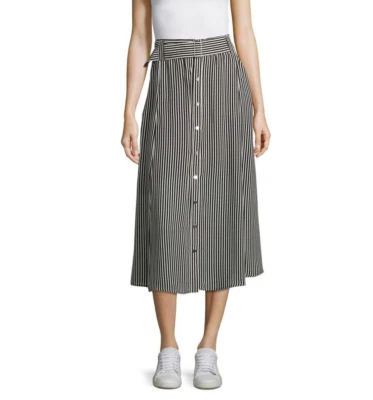 A.L.C. Divya Black Striped Silk Belted A-Line Midi Skirt Size 0 - Image 1 of 4