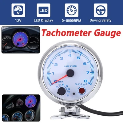 3.75" 12V 0-8000 RPM Car Tachometer Gauge Meter Universal With LED Shift Light Foto 1 de 4