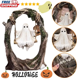 Fantasma su un albero altalena, simpatico fantasma altalena Halloween statuina decorazione da interno - Foto 1 di 16