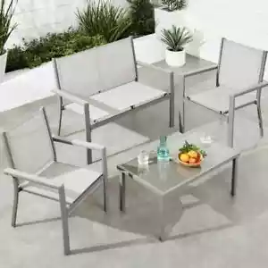 Gray 4-Piece Outdoor Gray Textilene Metal Patio Conversation Furniture Set w/ Lo - Picture 1 of 7
