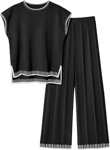 Womens Matching Sets Knit Sweater Sets 2 Pieces Outfits Pullover Tops Wide Legs - Picture 1 of 12