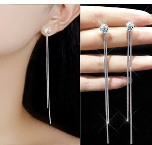 Women’s / Girls: 9ct Silver Plated, Cubic Zirconia, Long Twin Drop Earrings - Picture 1 of 4