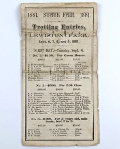 1881 Lewiston Maine State Fair Horse Trotting Entries Brochure 1st Lewiston Fair - Picture 1 of 3