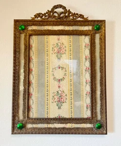 SALE Beautiful ANTIQUE FRENCH Gilt Bronze Green Enamel Picture Frame Fabric Back - Picture 1 of 17