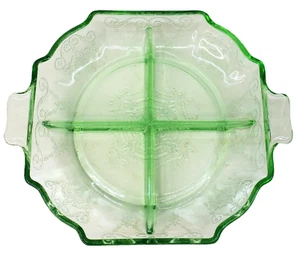 Uranium Green Glass LORAIN Divided Dish Depression Era Indiana Glass Embellished - Picture 1 of 24