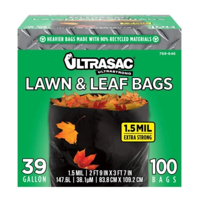 100 Pack Trash Bags Garbage Storage Heavy-Duty Lawn Leaf Black Garden 39 Gallons - Image 1 of 4