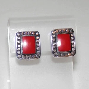 HS 925 THAILAND Sterling Silver Red Stone Clip On Ractangular Earrings - Picture 1 of 5