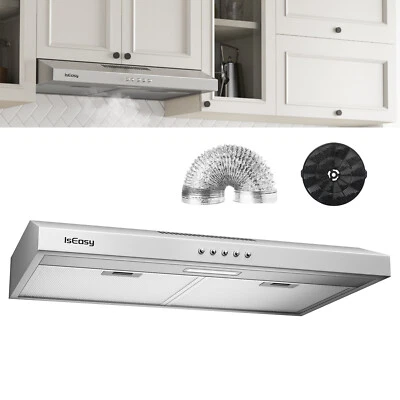 ISEASY 30in Kitchen Under Cabinet Range Hood Stainless Steel 3-Speed Fan LEDs Silver