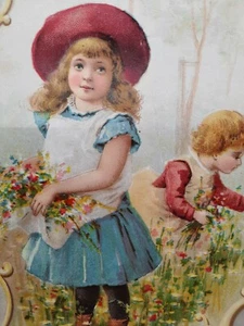 Antique Victorian Trade Card Girls Picking Flowers Lion Coffee Co Woolson Spice - Picture 1 of 3