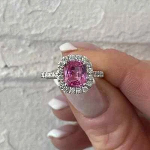 3.28 Ct Cushion Natural Pink Sapphire & Diamond Engagement Ring 14K White Gold - Bild 1 von 9