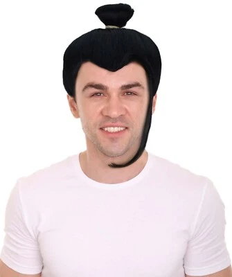 Llamativa peluca de villano de anime negra para hombre adulto con un moño I sintético I HM-1627 Foto 1 de 4