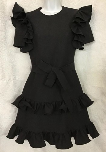 Abito Valentino nero a maniche corte arricciate cravatta vita nuova con etichette modificata taglia 2