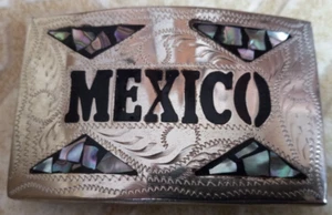 Vintage Inlaid Abalone Alpaca Mexico Belt Buckle - Picture 1 of 2