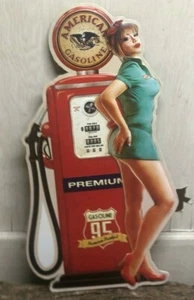 American Gasoline Pump Pin Up Girl Embossed 12.25" x 22.5" Metal Sign ~ Garage - Picture 1 of 10