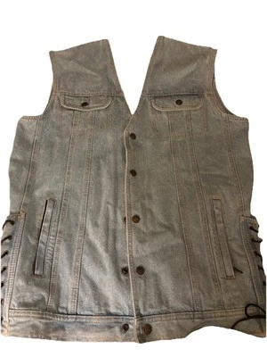Diamond Plate Denim Biker Jean Vest Sz Large Grunge Rocker Y2K Motorcycle - Image 1 of 4