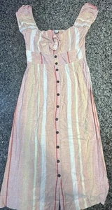 O'Neill Coral Pink Orange Striped Button LINEN Boho Elijah Woven Midi Dress L - Picture 1 of 4