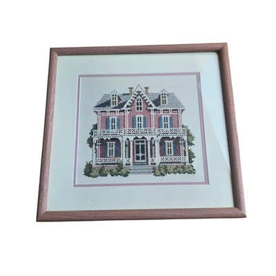 Vintage Victorian House Cross Stitch Art Framed Needlepoint Wall Decor 12x12 - Image 1 of 4