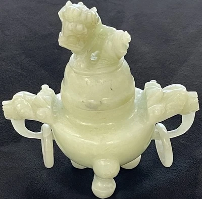 "Censor chino de jade de nefrita con tapa Foodog tallado a mano asas de dragón 5""" Foto 1 de 4