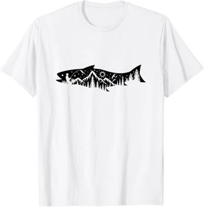 Fishing Forest Mountain Silhouette Outdoor Adventure Fishing T-Shirt Hoodie - Picture 1 of 12