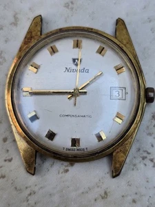 Nivada 21392 Handaufzug 37032 Compensamatic Uhr Vintage Herren weißes Zifferblatt 34mm läuft! - Bild 1 von 7