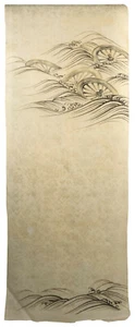 Obi woman’s sash, yuzen black ink on white jacquard silk, wheels in water, Japan - Picture 1 of 12