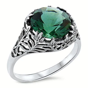 925 STERLING SILVER FILIGREE VICTORIAN STYLE SIMULATED EMERALD 3.50 Ct RING 445Z - Picture 1 of 3