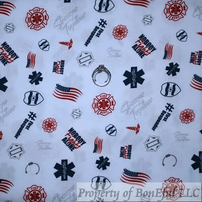 BonEFul FQ Cotton Quilt White Navy Blue Red Nurse RN LPN Heart Dr Print USA Flag - Image 1 of 4