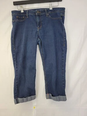 Pantalones de mezclilla elásticos lavados oscuros con puños capri azules talla 14 Fade To Blue para mujer Foto 1 de 4