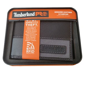 Timberland PRO Cartera de Cuero Genuino y Lona Negra Gris Estaño Protegido RFID NUEVO - Imagen 1 de 6