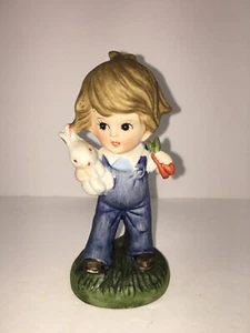 Vintage Homco 1424 Boy with Bunny Rabbit & Carrots Porcelian 5” Tall - Picture 1 of 7