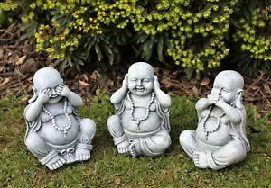 GARDEN ORNAMENTS 3 WISE BUDDHAS SEE SPEAK HEAR NO EVIL OUTDOOR INDOOR 17cm - Picture 1 of 8