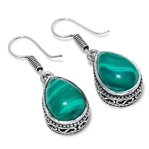 Green Malachite Gemstone Handmade 925 Sterling Silver Jewelry Earring Sz 1.5'' - Picture 1 of 1