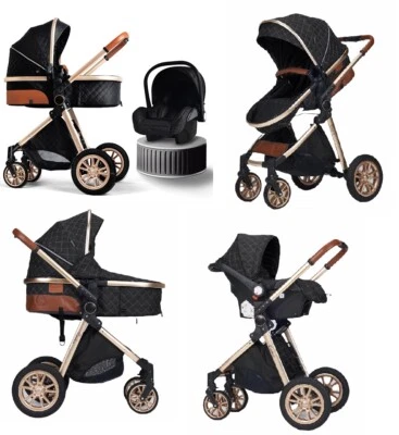 Kinderwagen 3in1 Kombi Babywanne Buggy +Auto Babyschale viel Zubehör Black/Gold