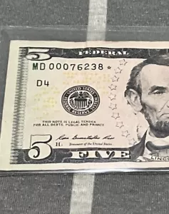 Low Serial Number Star Note $5 MD 00076238* Single Run Very Rare - Picture 1 of 5