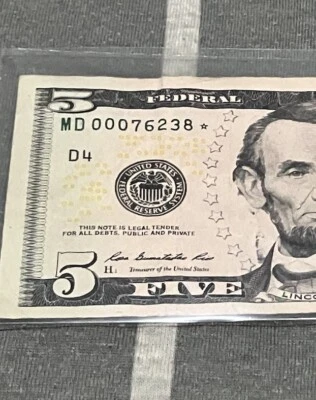 Low Serial Number Star Note $5 MD 00076238* Single Run Very Rare - Image 1 of 4