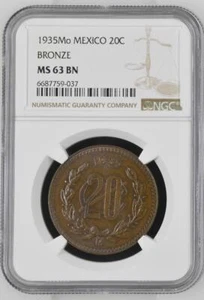 Mexico 20 Centavos 1935 Mo Bronze NGC MS 63 BN - Picture 1 of 2