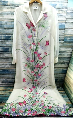 Maxi Vestido De Colección Años 70 Alfred Shaheen Rosa Mariposas Manga Transparente Anfitriona Talla M/L Foto 1 de 4