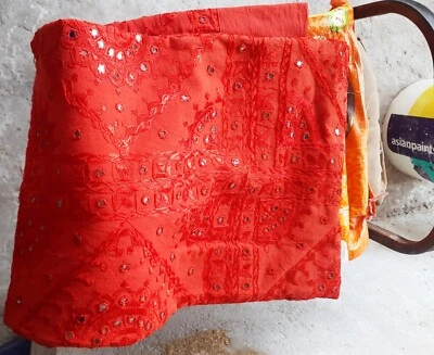 Indian Red Cotton,Silk Embroidered With Mirror Work Decor Bed Spread,Throw@Sizes - Image 1 of 4