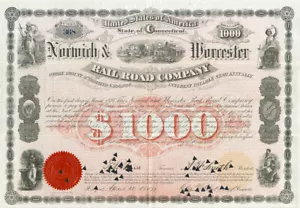 1877 Norwich & Worcester RR Bond Zertifikat - Bild 1 von 1