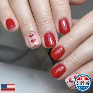 24 Pcs Press on Nails Extra Short Square - LINMEIZAI Red Fake Nails Press ons - Picture 1 of 5