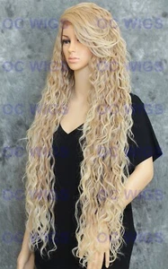 Long Spiral Curls Lace Front Human Hair Blend Wig Light Blonde Ombre EVFM 27/613 - Picture 1 of 6