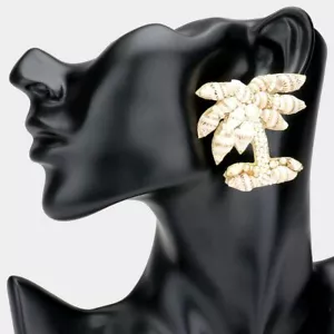 NEW Tropical Palm Tree Seashell Faux Pearl Lt Col Topaz Crystal Beaded Earrings - Picture 1 of 1