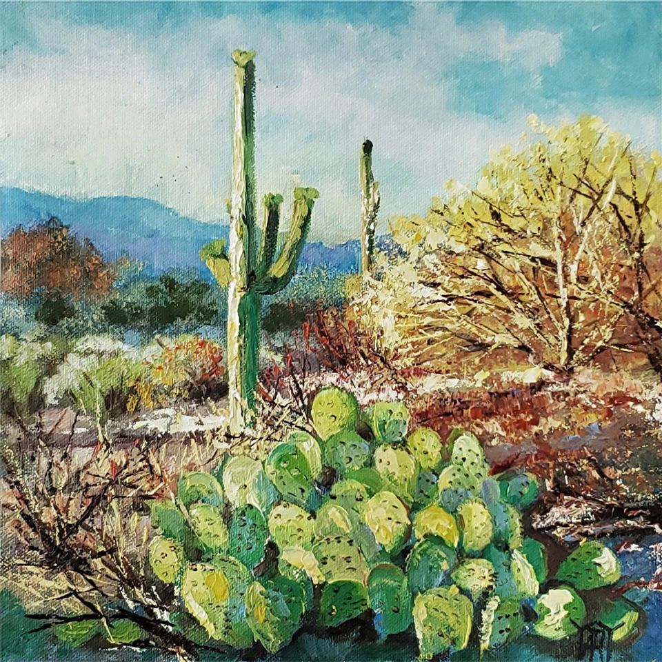 YARY DLUHOS Arizona Cactus Desert Landscape Arid Hot Original Art Oil Painting - Image 1 of 4