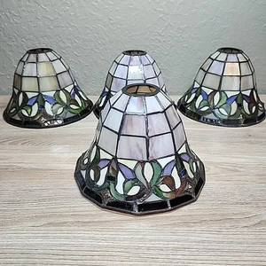 Vintage Set of 4 Stained Glass Lamp Bell Shades 8 1/2” Floral Fits Up To 1.75" - Picture 1 of 24
