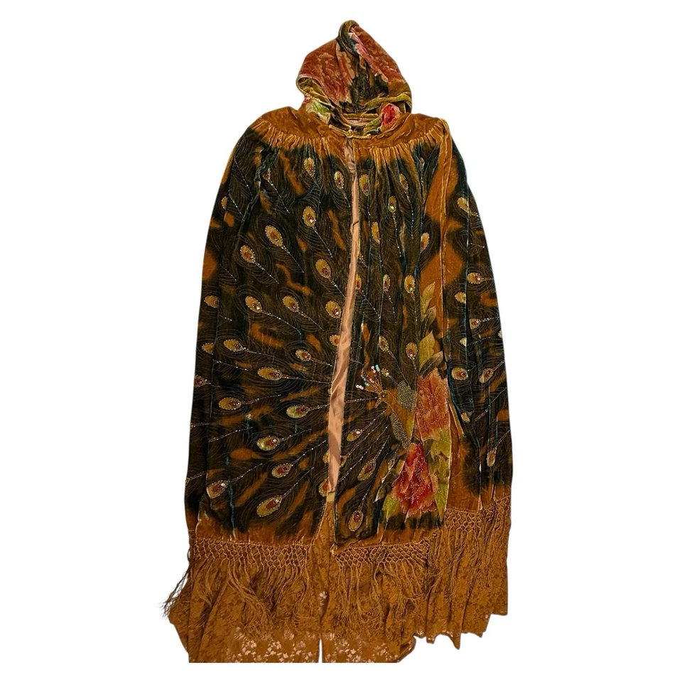 Opera Cape Reloj Pavo Real Victoriano Rep Cuentas Largas Terciopelo Encaje Forrado Con Capucha Seda Foto 1 de 4