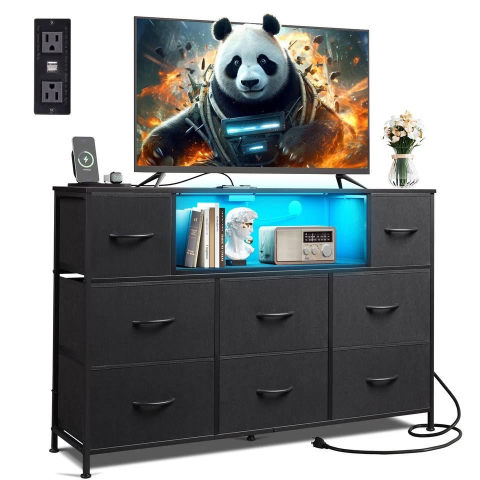 Suporte de TV preto para TV de 45, 50, 55 polegadas, centro de entretenimento com luzes LED e... - Imagem 1 de 4