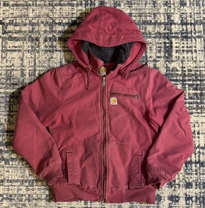 Vintage Carhartt Detroit Pink Hooded Pile Fleece Lined Canvas Jacket S Workwear - Picture 1 of 12
