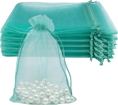 100 PIEZAS Bolsas de Organza Verde Azulado Transparente 4''X6' Pequeña Malla Cordón Joyería Bolsa de Regalo para Foto 1 de 4